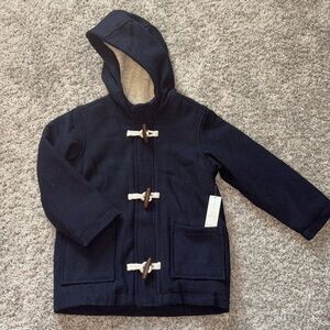 Unisex 5T hooded navy peacoat with zip front and wooden toggles. NWT